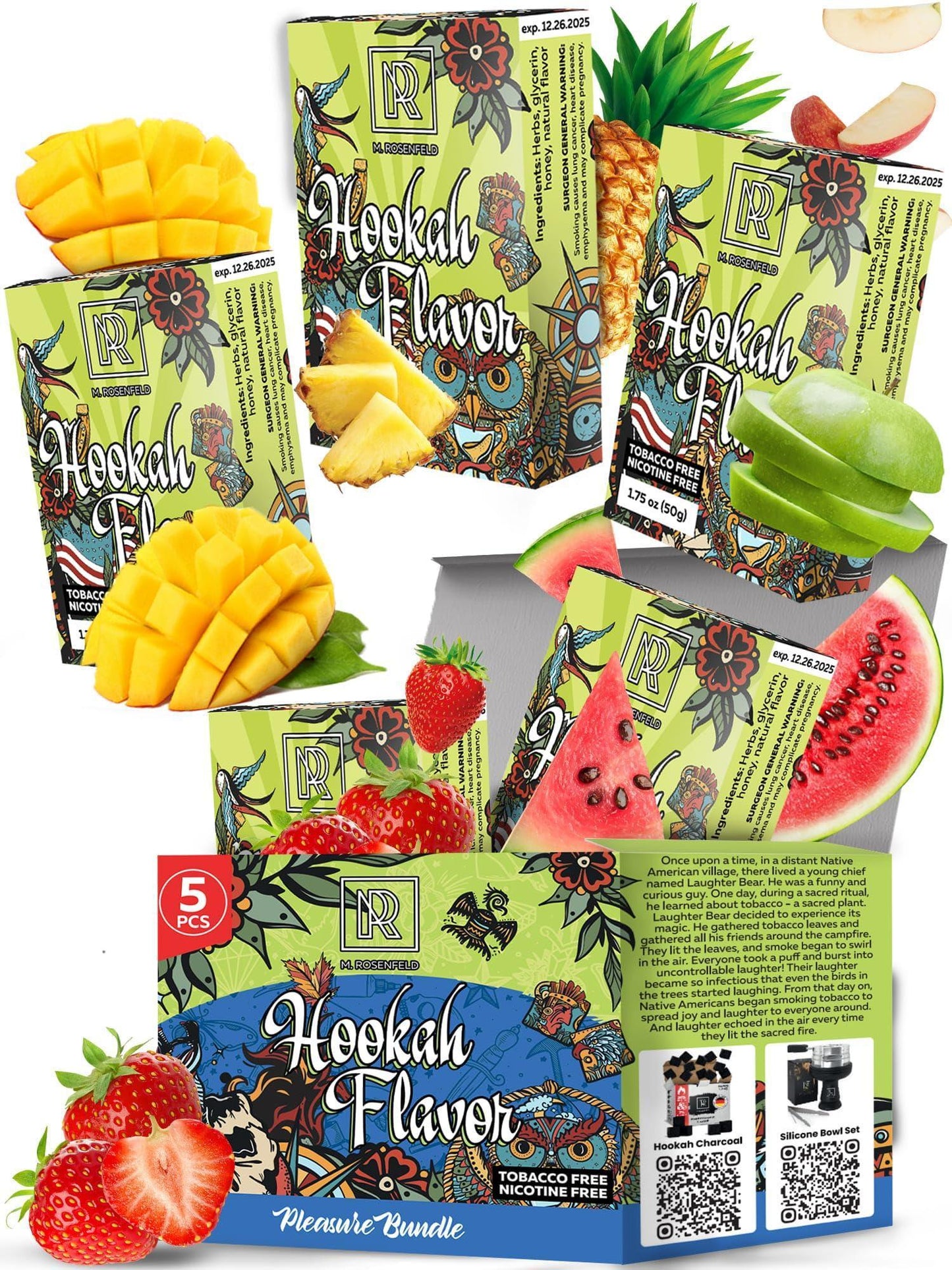 Pleasure Hookah Flavors Set 5 X 50G Non Tobacco Hookah Flavor for Your Hookah Bowl (Sweet Watermelon Double Apple Mango Pineapple Strawberry) Hookah Bundle Pack of 5 Try These Tobacco Free Shisha